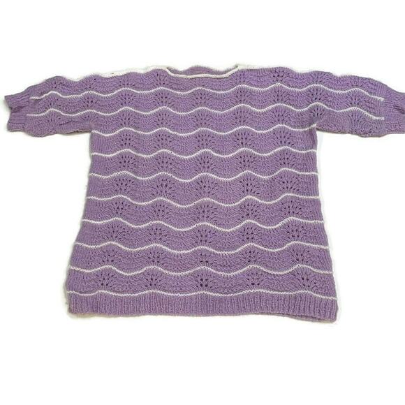Womens M L Hand Knit Handmade Purple Short Sleeve Sweater Grannycore Cottage - Picture 7 of 12